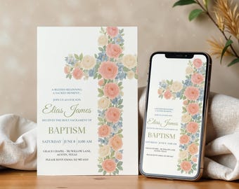 Floral Baptism Invitation Template Girl, Editable Christening Invite Digital Download, Mobile & Print Version, Pink Baptism Evite Aesthetic