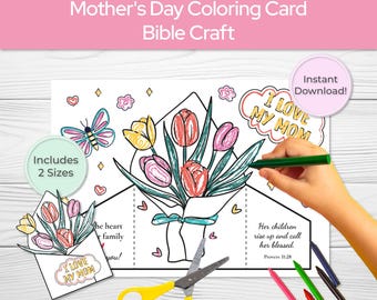 INSTANT DOWNLOAD Mother's Day Blank Name Card Coloring page printable bouquet of flowers heart classroom craft coloring activity DIY kids