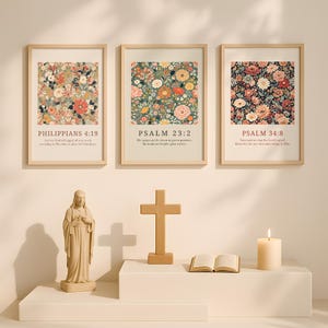 Boho Christian Bible Verse Wall Art Set of 3, Floral Scripture Prints Psalm Philippians Faith Quotes, Vintage Cottagecore Farmhouse Decor