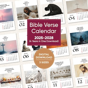 Bible Verse Calendar 2025–2028,  Christian Art Wall Calendar Printable, Monthly Scripture Wall Art, Inspirational Digital Download