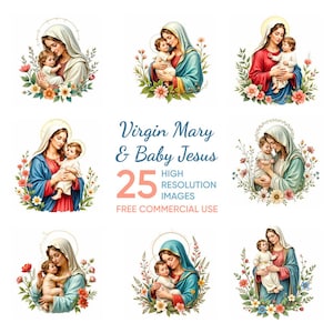 Vierge Marie et l'enfant Jésus, 25 images clipart JPG aquarelle, téléchargement numérique catholique, Art de la Vierge Marie, ensemble religieux imprimable