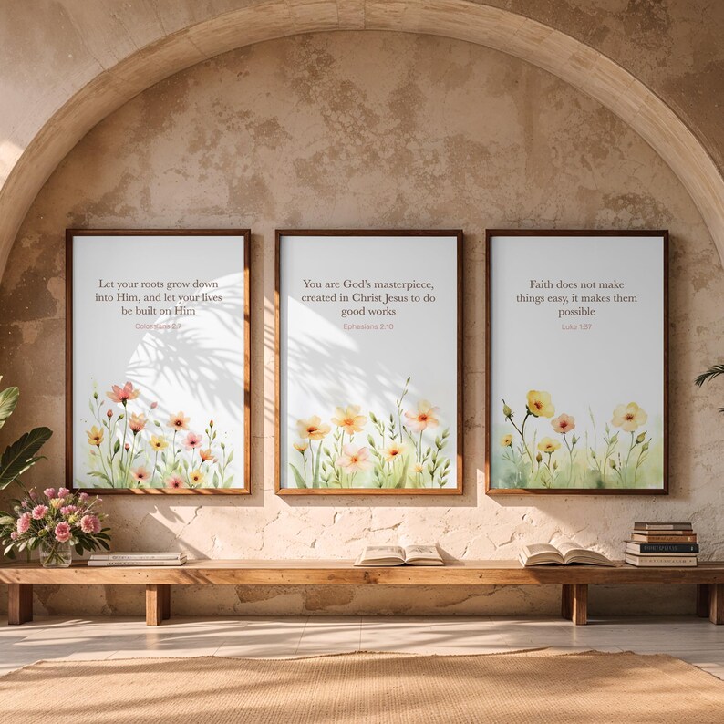 Boho Wildflower Bible Verse Poster Set of 3, Christian Wall Art ...