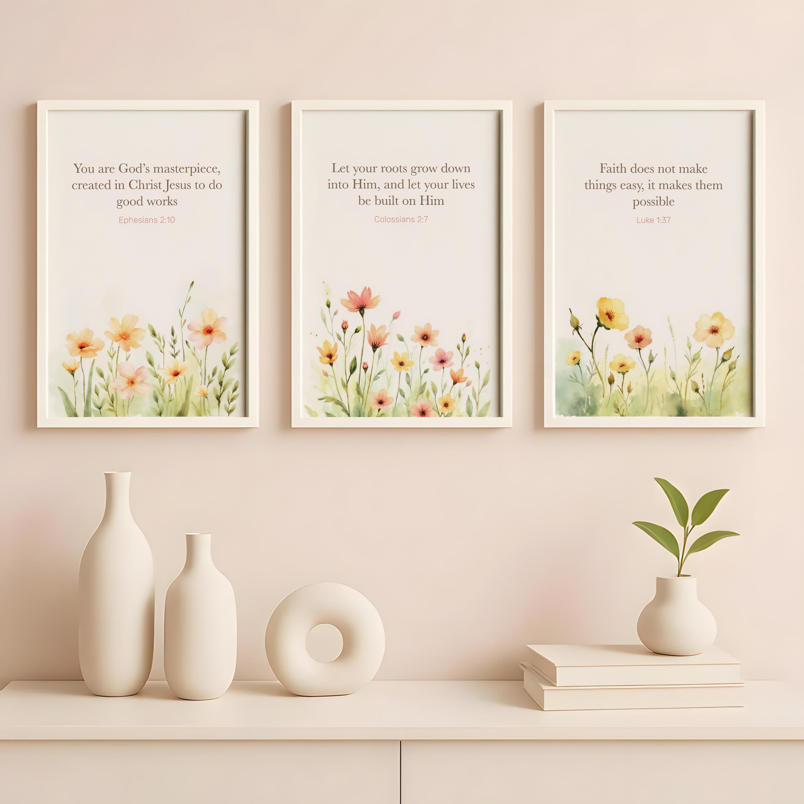 Boho Wildflower Bible Verse Poster Set of 3, Christian Wall Art ...