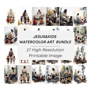 Jesus and Kids Watercolor Art Print Bundle, 27 Bible Story Prints, Christian Wall Decor for Nursery, Church Religious Digital Download