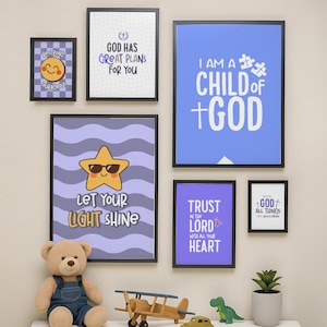 Christian Kids Wall Art Set of 6, Boys Room Decor Bible Verse Prints, Boy Christian Nursery Scripture Wall Art, Modern Christian Decor