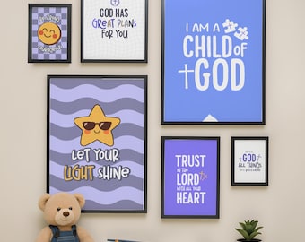 Christian Kids Wall Art Set of 6, Boys Room Decor Bible Verse Prints, Boy Christian Nursery Scripture Wall Art, Modern Christian Decor