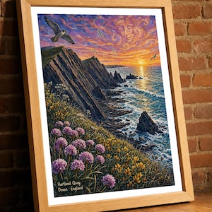 Hartland Quay Print, Devon Wall Art, plakat Quay, Anglia Coast Art, wystrój salonu, prezent na nowy dom