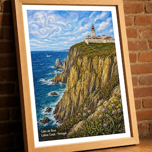 Cabo da Roca Stained Glass Mosaic Print, Sintra Portugal, Westernmost Point Wall Art