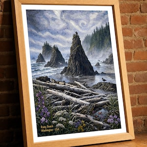 Mosaikdruck mit Buntglasmotiven von Ruby Beach, Olympic Coast, Washington, Wandkunst mit Brandungspfeilern