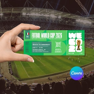 Puede incluir: Un boleto verde y blanco para la Copa Mundial de Fútbol 2026, celebrada en México. El boleto incluye los detalles del partido México vs. Sudáfrica, la fecha, la hora y la información del estadio. El boleto también presenta un código QR y el nombre de Miguel Sanchez.