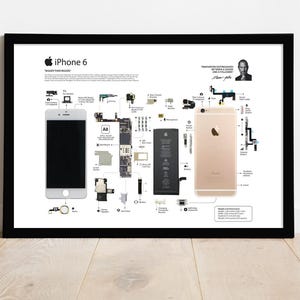 Puede incluir: Un póster enmarcado en negro con fondo blanco que muestra las piezas desmontadas de un iPhone 6. El póster incluye un diagrama de los componentes del teléfono, incluyendo la batería, la cámara y el procesador. El póster también incluye una cita de Steve Jobs, "La tecnología debe ser invisible."