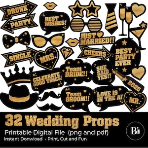 Puede incluir: Un conjunto de 32 accesorios para cabina de fotos de boda negros y dorados. Los accesorios incluyen una variedad de diseños divertidos y festivos, como una corona, una pajarita, un bigote, una copa de champán, un corazón, una estrella y un bocadillo que dice "¡Just Married!" Los accesorios son perfectos para agregar un toque de diversión a tus fotos de boda.