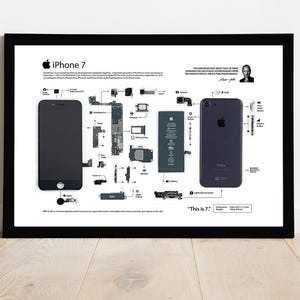 Könnte beinhalten: Ein Schwarzweißdiagramm, das die Komponenten eines iPhone 7 zeigt. Das Diagramm enthält ein Zitat von Steve Jobs: "Die einzige Möglichkeit, großartige Arbeit zu leisten, ist, das zu lieben, was man tut." Der Text "This is 7." befindet sich am unteren Rand des Diagramms.