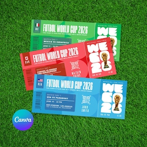 Puede incluir: Tres coloridas entradas para la Copa Mundial de Fútbol 2026. Las entradas son verdes, rojas y azules, con el texto "Futbol World Cup 2026" y detalles de los partidos. Cada entrada tiene un código QR y "Official Fan Pass".