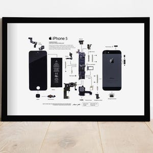 Puede incluir: Impresión enmarcada de un esquema del iPhone 5. El diagrama en blanco y negro muestra los componentes del teléfono, incluyendo la pantalla, la batería y las piezas internas. El iPhone 5 se muestra en dos vistas, frontal y trasera.