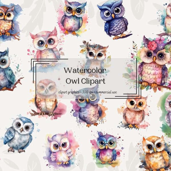 Watercolor Owl Clipart - digital png owls, Owl graphics for instant download commercial use