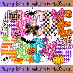 May include: A digital graphic design featuring the text Preppy Retro Brush stroke Halloween at the top and bottom. The image displays colorful, patterned letters decorated with pumpkins, ghosts, skulls, spiders, bats, bows, and stars.