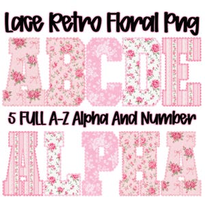 Puede incluir: Un conjunto gráfico digital titulado Lace Retro Floral Png que presenta cinco juegos completos de alfabeto A-Z y números. Las letras están decoradas con varios patrones florales rosas y blancos, motivos de rosas y diseños a rayas con encaje.