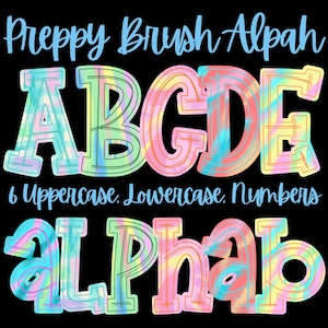 May include: A digital font set titled Preppy Brush Alpah featuring uppercase letters A, B, C, D, E and lowercase letters a, l, p, h, a, b. Each character has a multi-colored tie-dye pattern in pastel pink, blue, yellow, and green with a thin outline.