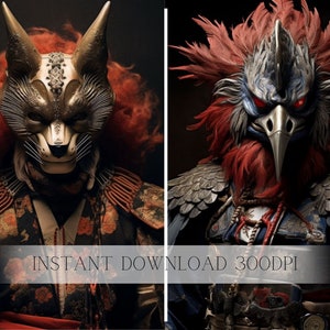 Samurai Wearing Kitsune Mask, Medieval Japanese Aesthetics, Niji Style AI Digital Art
