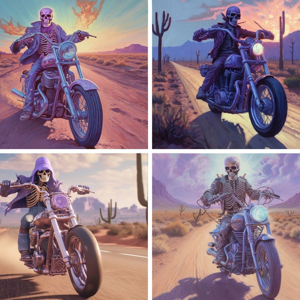 Ghost Rider, Cowboy Skeleton Riding Motorcycle On Highway In Desert, Panaromic AI Art