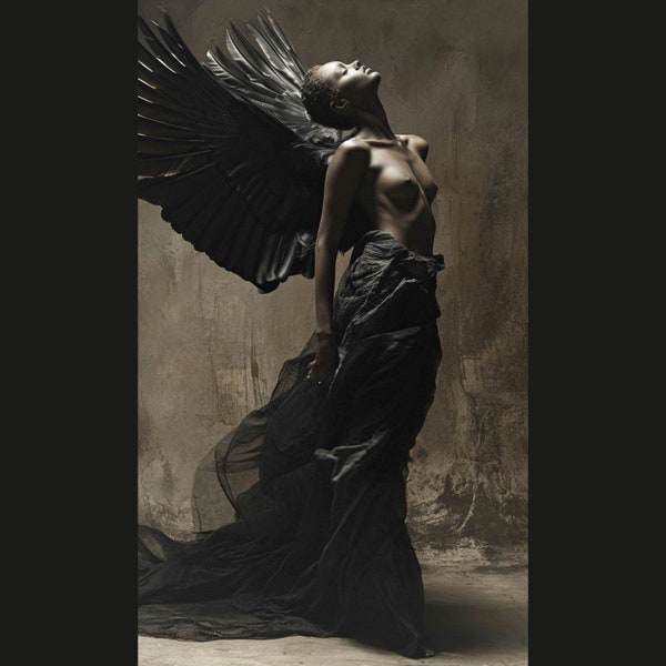 Black Angel with Black Wings AI Digital Art , Half Naked Black Beauty with Dignity , Enchanting Poster Wallart