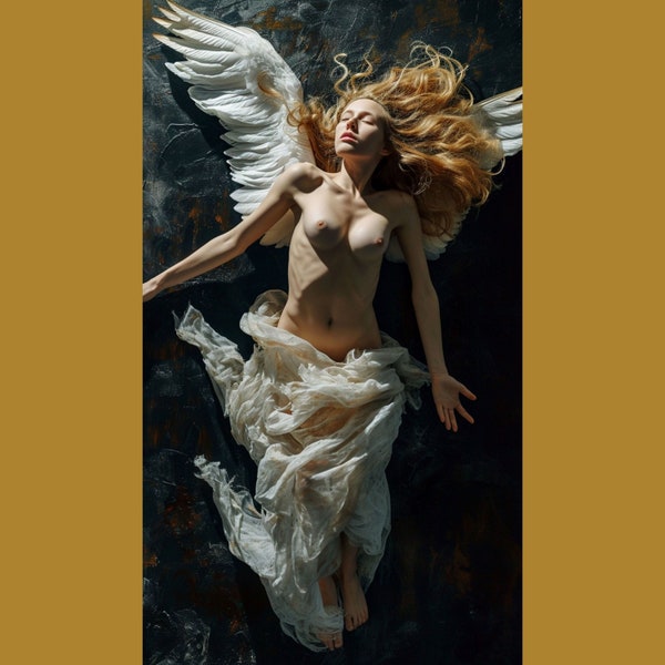 Witte engel met witte vleugels AI digitale kunst, betoverende half naakte pure schoonheid, vrouw met vleugels, afdrukbare poster Wallart