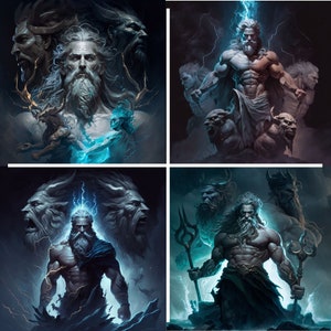 God Zeus Figthing Titans with Poseidon and Hades, AI Digital Wall Art, 4 in 1