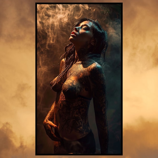 Tattoo Girl AI Digital Print , Seductive And Beautiful Half Naked Tattooed Girl Among Smoke , Instant Download Poster Girl With Tattoos