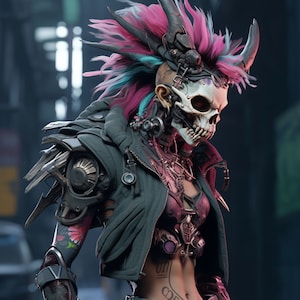 Ai Digital Download Art Punk Body Render in Cyber Punk City, Horror Business, Punk Style, Dressed in Punk Fashion, Purple Punk Hair