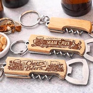 Engraved Bottle Opener Corkscrew Knife Keychain • Personalized Multi‑Tool Gift