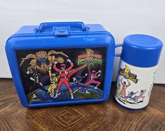 1993 Mighty Morphin Power Rangers Lunch Box & Thermos Set Vintage Blue Aladdin