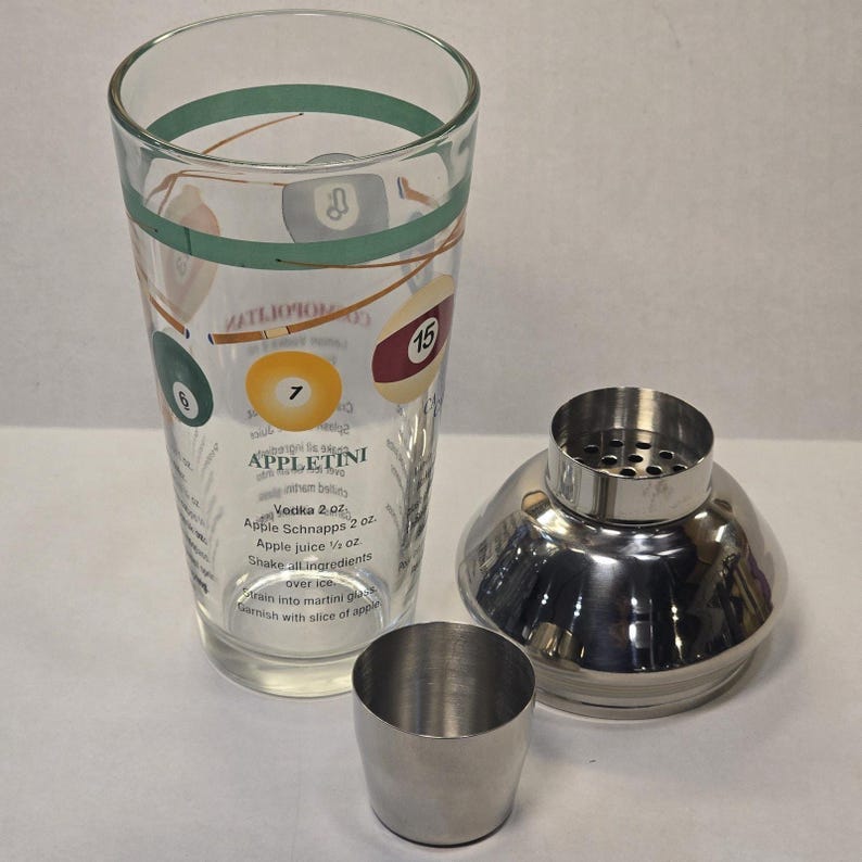 Billiards Pool Balls Glass Recipe Cocktail Shaker Vintage Game Room Home Decor image 1