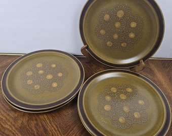 5 Stoneware Dinner Plates 70s Green Daisy Flower Power Japan Boho Retro Set 10.5
