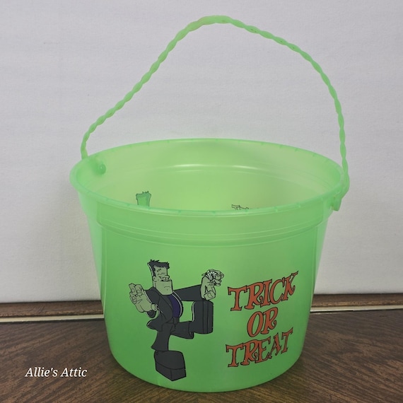 Vintage Halloween Bucket Candy Pail Container Green 90s Frankenstein Decor 8x6