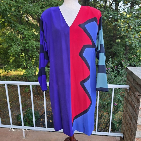 80s 90s Art to Wear Mosswear Purple Red Long Sleeve V Neck Dress Vintage Silk L