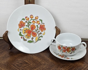Bareuther Waldsassen Germany Porcelain Cup Saucer Plate Set Flower Floral Orange
