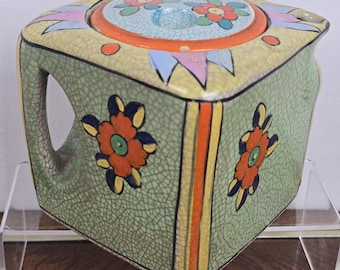 Vintage Teekanne quadratisch Cracklewear Keramik Glasur Floral grün Orange Japan 12,5 cm