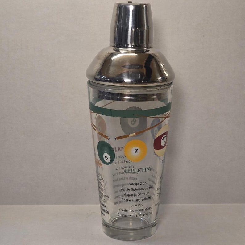 Billiards Pool Balls Glass Recipe Cocktail Shaker Vintage Game Room Home Decor image 2