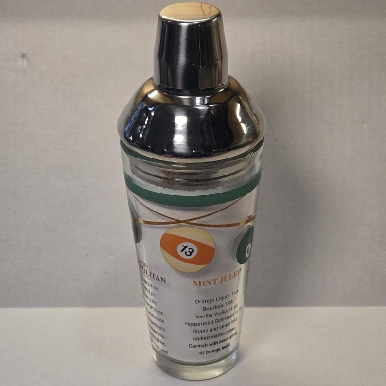 Billiards Pool Balls Glass Recipe Cocktail Shaker Vintage Game Room Home Decor image 3