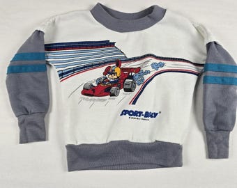 Vintage 70s Kids Boys Racing Racecar Crewneck Sweatshirt Blue Gray 12/18 Months