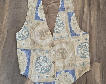 90s Vintage Tapestry Vest Tan Brown Blue Geometric Floral No Boundaries 16 XL*