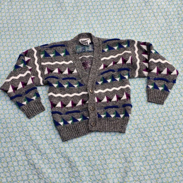 Kids Unisex Cardigan Sweater Gray Purple Blue Black Multicolored Vtg Boys Girls
