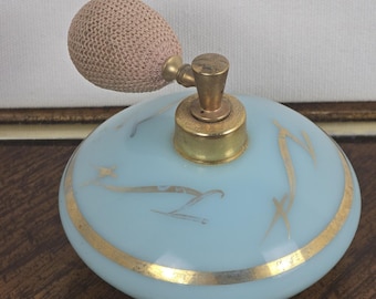 Vintage Decorative Perfume Glass Bottle Blue Gold Round MCM Dauber Vanity Empty