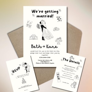 以下が含まれることがあります： 「We're getting married!」と書かれたメインカードと、カップル、指輪、ケーキのイラストが特徴のウェディング招待状セット。 RSVPカードと詳細カードが含まれています。 デザインは白黒です。