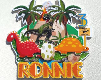 Dinosaur Birthday Cake Topper Personalised  with Name & Age - Jungle Themed Party Decoration - Dinosaur Birthday Gifts for Girl/Boy