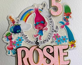 Poppy Trolls Birthday Cake Topper Personalised with Name and Age - Kids Trolls Themed Layered Party Cake Decoration