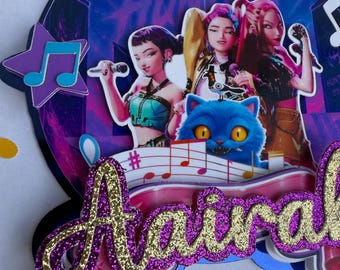 K Pop Demon Hunters Themed Birthday Party Cake Topper Personalised with Name in Glitter.