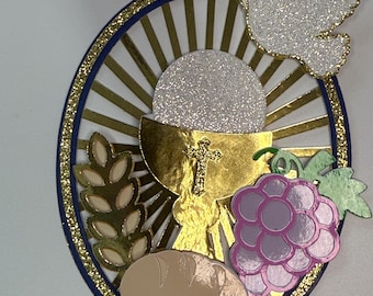 First Holy Communion Topper for Boy or Girl. Cake topper includes Chalice, Bread & Grapevine, Dove symbolising Holy Spirit.