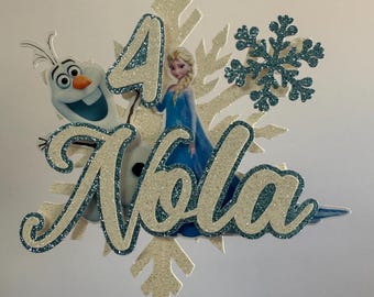 Elsa Frozen Olaf Snowflake musical Characters Cake topper decoration personalised with name, age for all princess themed celebrations.